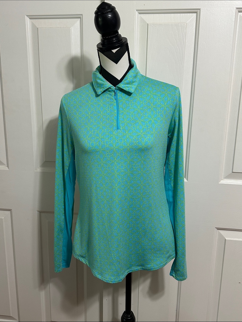 Emerald 18 Aqua Geometric Long Sleeve Quarter Zip Top